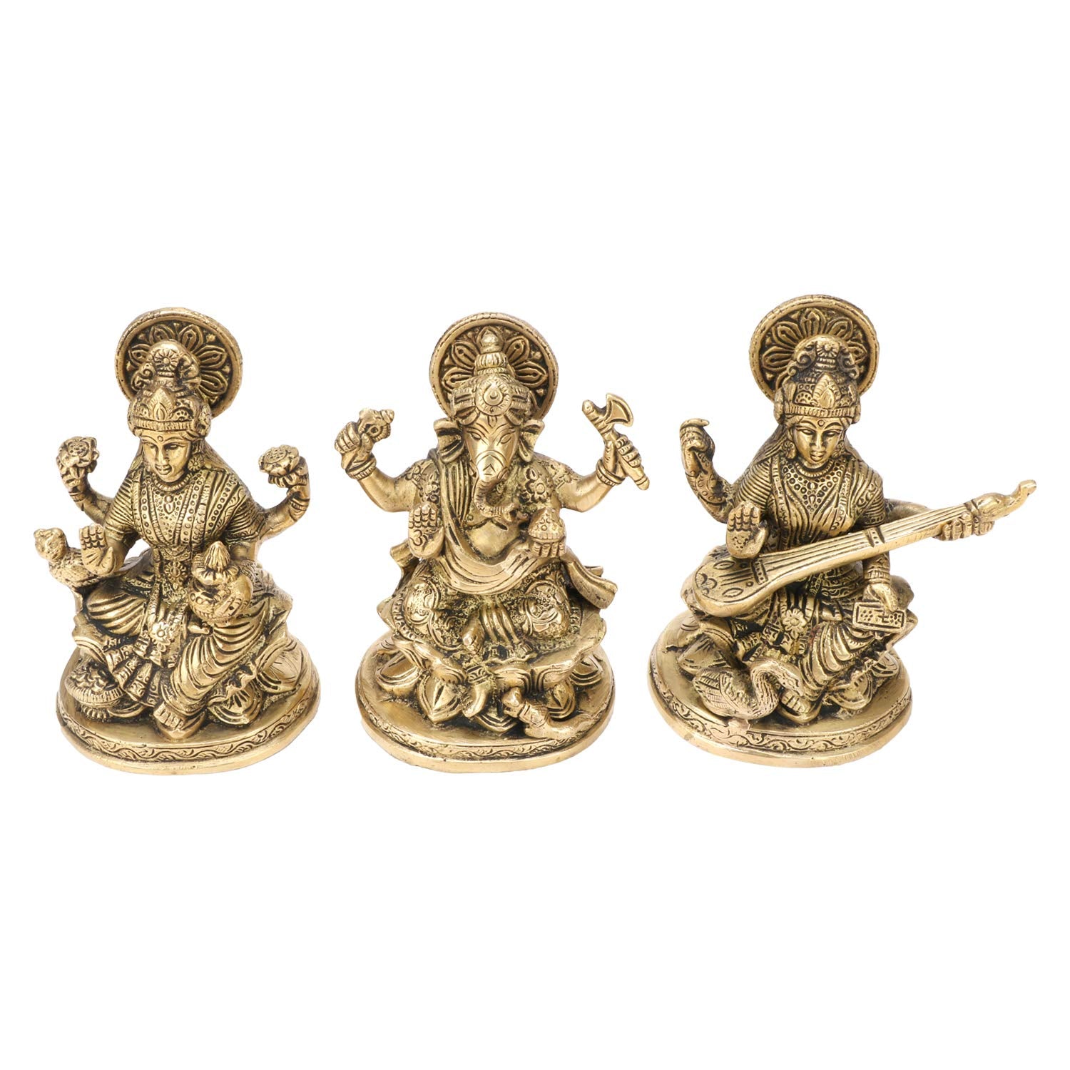 Kartique Brass Laxmi Ganesh Saraswati Bhagwan Idol Sitting On Lotus | Ganpati Murti Metal Statue For Home Office Success Entranc